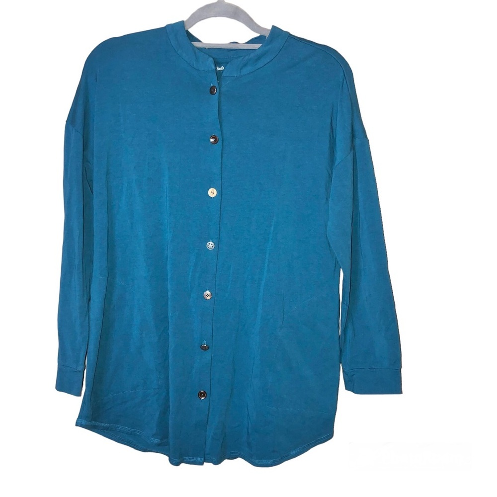Soft Surroundings Moderne Big Shirt Button Front Pocket tunic blue size medium